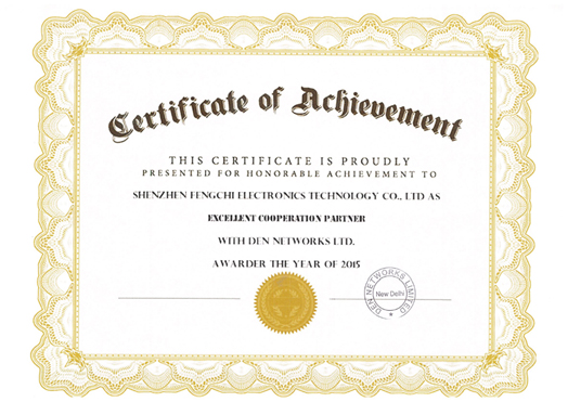 印度運營商DEN客戶2015年(nián)度授予蜂馳電(diàn)子(zǐ)優秀合作(zuò)夥伴